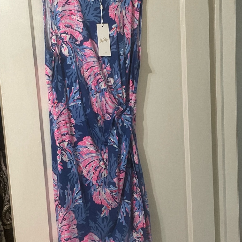 NWT Lilly PulitzerBryson dress with ruched tie on side.Blue & Pink Floral Dress - Picture 2 of 5